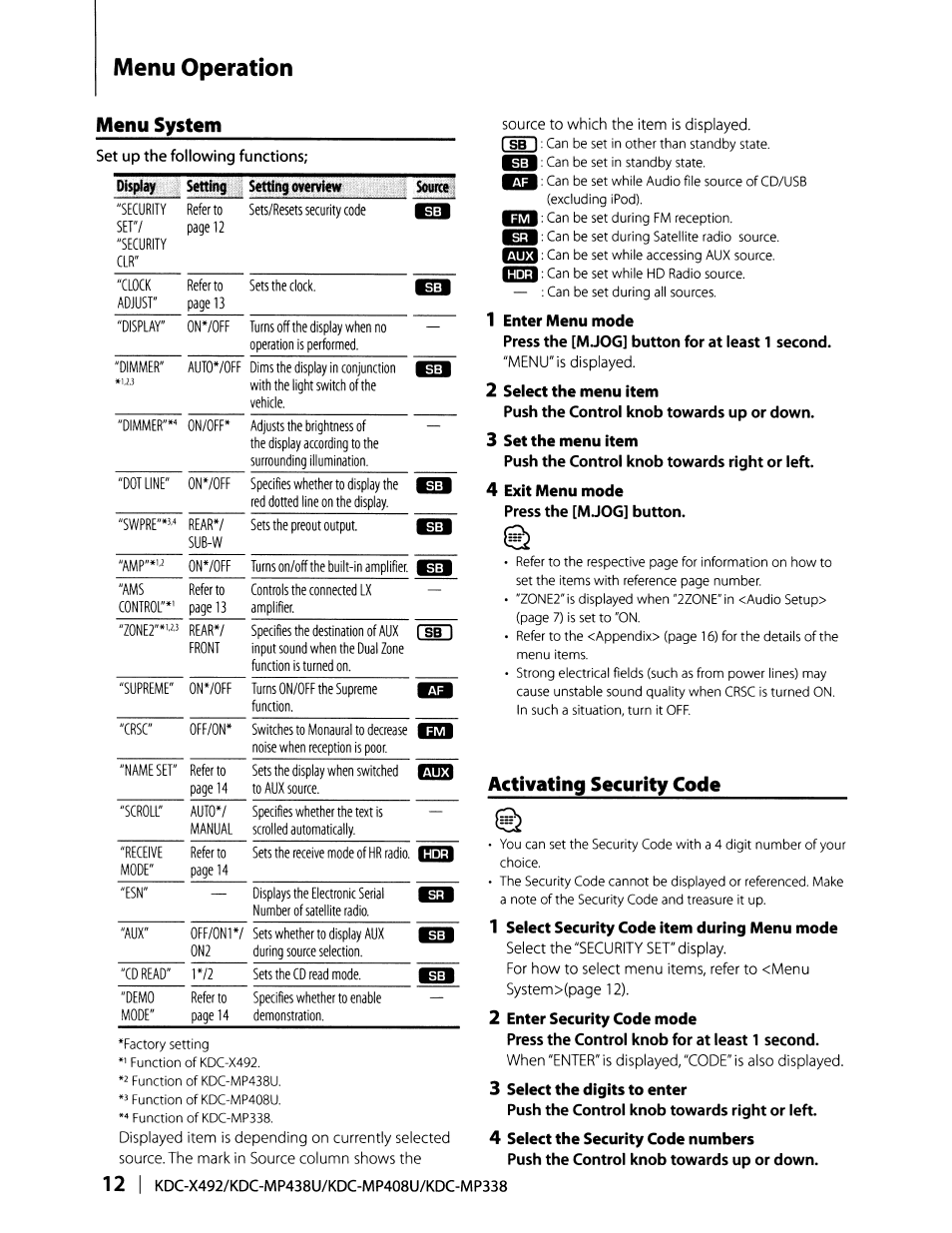 1 enter menu mode, 2 select the menu item, 3 set the menu item | 4 exit menu mode, Activating security code, 1 select security code item during menu mode, Menu operation, Mp338, Menu system | Kenwood KDC-MP408U User Manual | Page 12 / 32