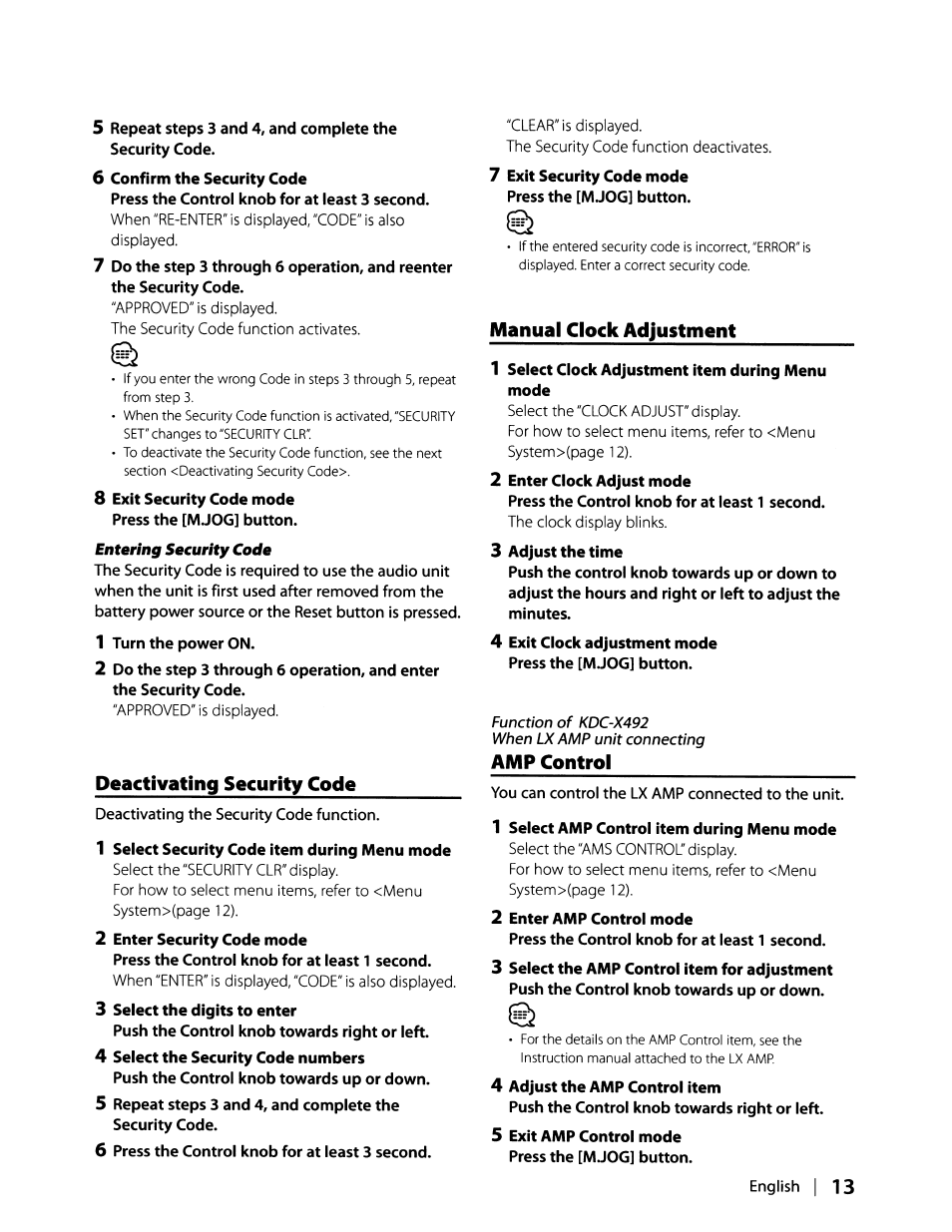 English i 13, Deactivating security code, Manual clock adjustment | Amp control | Kenwood KDC-MP408U User Manual | Page 13 / 32