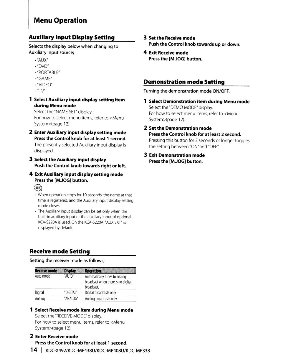 Auxiliary input display setting, Demonstration mode setting, Receive mode setting | Menu operation | Kenwood KDC-MP408U User Manual | Page 14 / 32