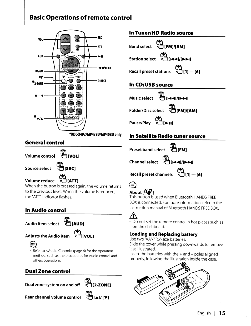 Basic operations of remote control, In tuner/hd radio source, General control | Volume control source select, Volume reduce [att, In audio control, Dual zone control, Band select, Fm]/[am, In cd/usb source | Kenwood KDC-MP408U User Manual | Page 15 / 32