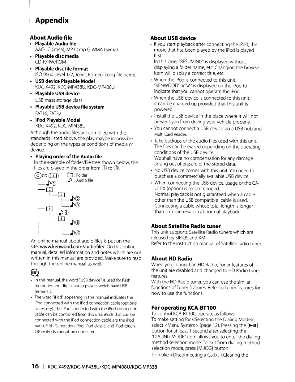 Appendix, About audio file, About usb device | About satellite radio tuner, About hd radio, For operating kca-bt100 | Kenwood KDC-MP408U User Manual | Page 16 / 32