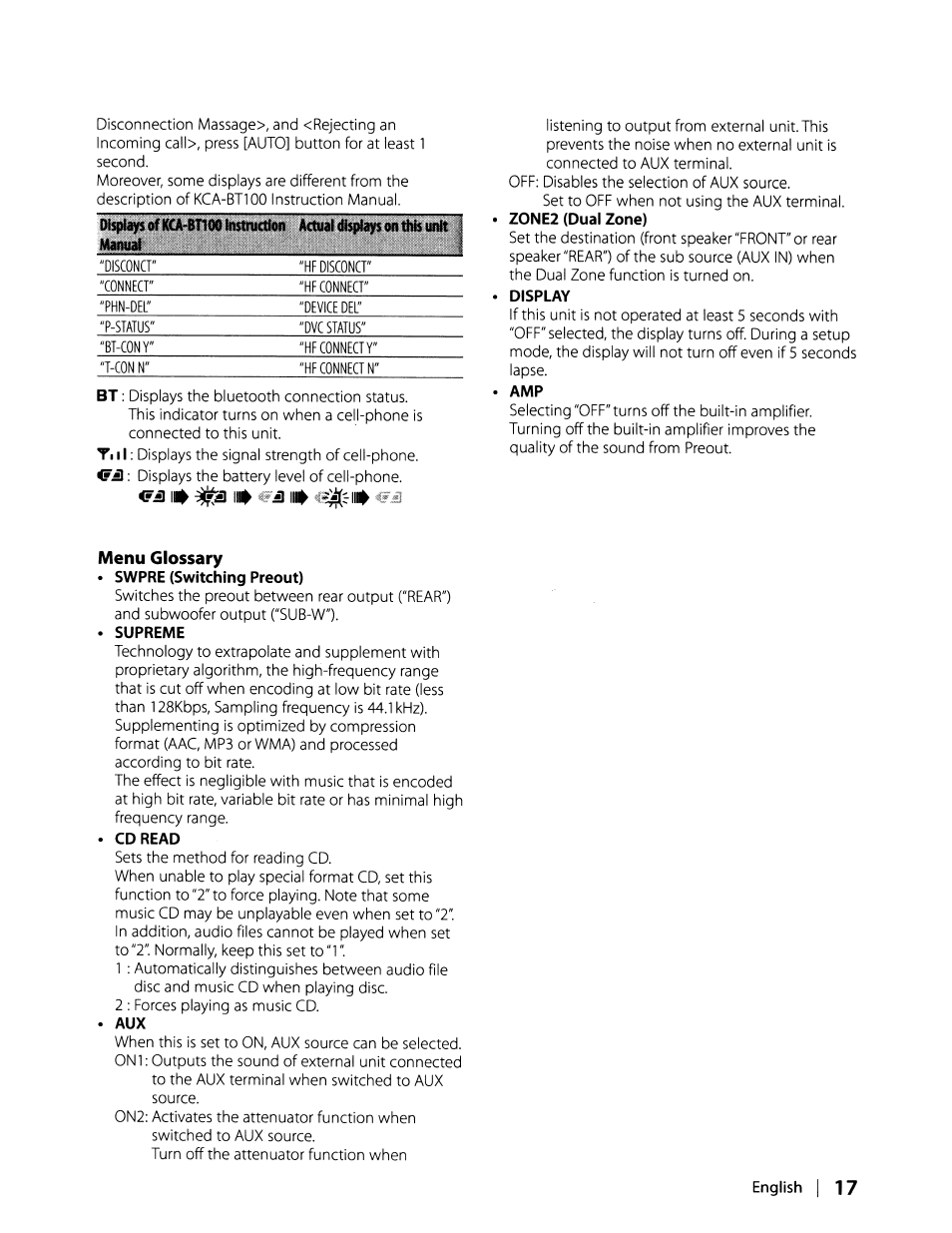 Display, Menu glossary, Supreme | Cd read, English i 17 | Kenwood KDC-MP408U User Manual | Page 17 / 32