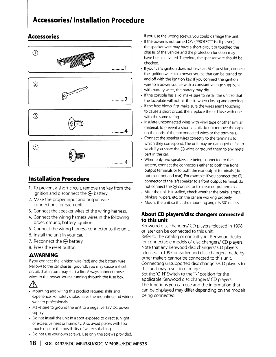 Accessories/ installation procedure, Accessories, 03ü) | 4© 0hb, 4installation procedure | Kenwood KDC-MP408U User Manual | Page 18 / 32