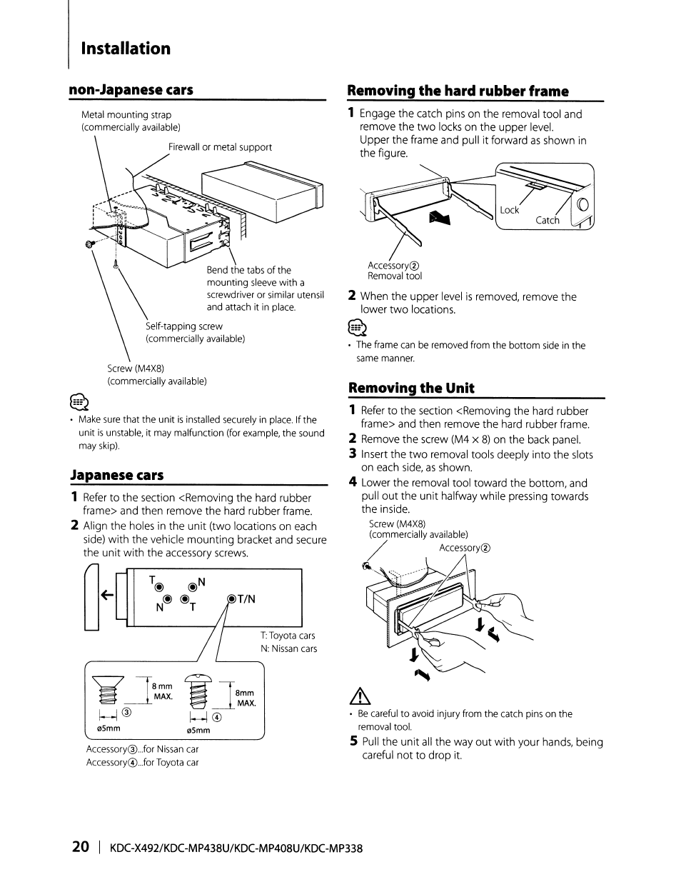 Installation, Non-japanese cars, Japanese cars | Removing the hard rubber frame, Removing the unit | Kenwood KDC-MP408U User Manual | Page 20 / 32