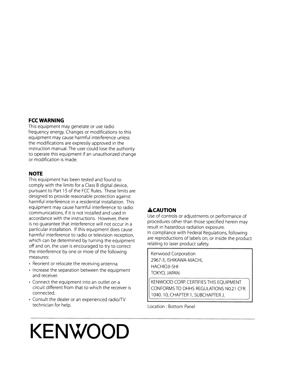 Fcc warning, Note, Acaution | Kenwood | Kenwood KDC-MP408U User Manual | Page 25 / 32