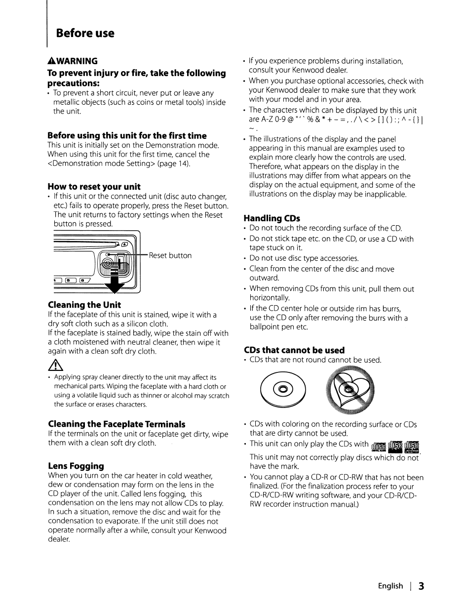 Before use, Before using this unit for the first time, How to reset your unit | Cleaning the unit, Cleaning the faceplate terminals, Lens fogging, Handling cds, Cds that cannot be used, English | Kenwood KDC-MP408U User Manual | Page 3 / 32