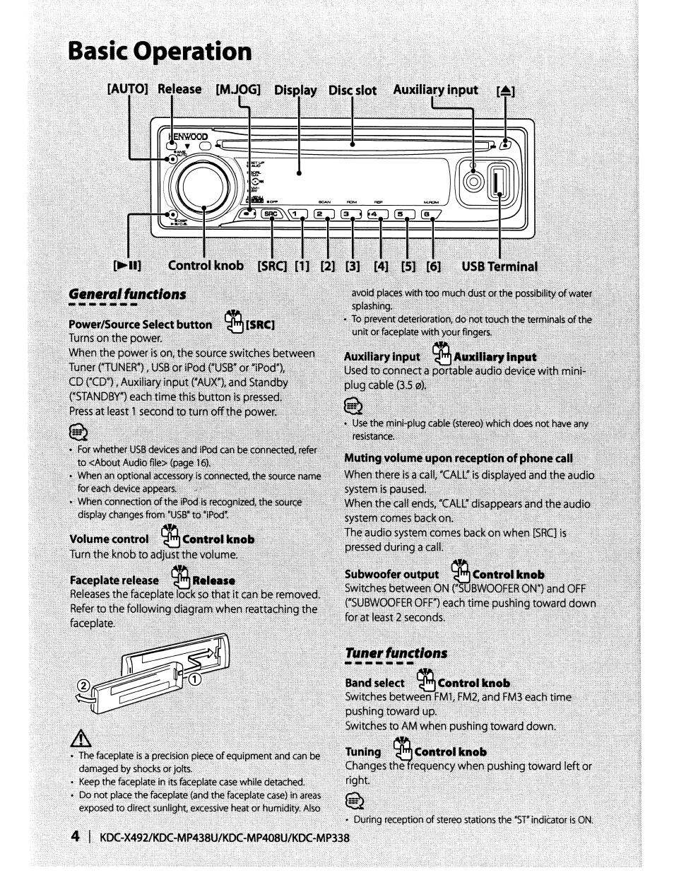 Rower/source select button, Volume control control knob, Faceplate release roloaso | Auxiliary input auxiliary input, Band select control knob, Tuning control knob, Basic operation, Fmtíhns, Tuner funtíhns | Kenwood KDC-MP408U User Manual | Page 4 / 32