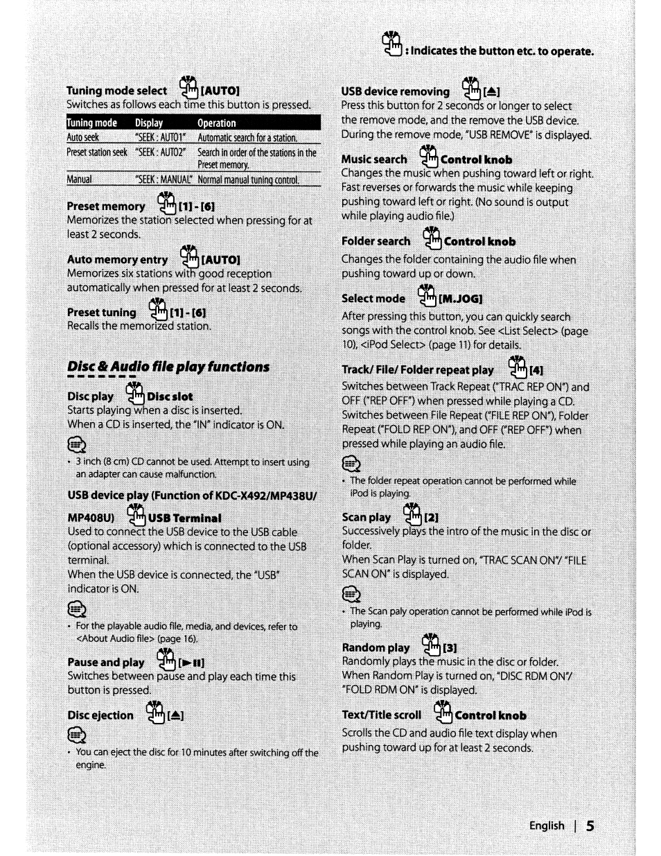 Preset memory, Preset tuning, Mp408u) usb terminal | Pause and play (► ul, Disc ejection, Usb device removing (aj, Music search control knob, Folder search control knob, Select mode (m.jog1, Track/file/folder repeat play | Kenwood KDC-MP408U User Manual | Page 5 / 32