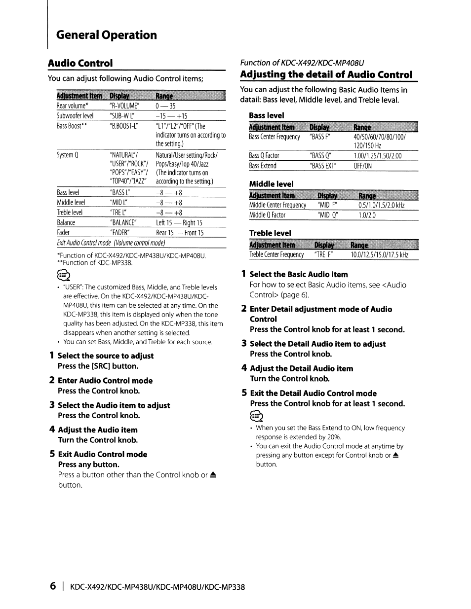 Audio control, General operation, Adjusting the detail of audio control | Msriw | Kenwood KDC-MP408U User Manual | Page 6 / 32