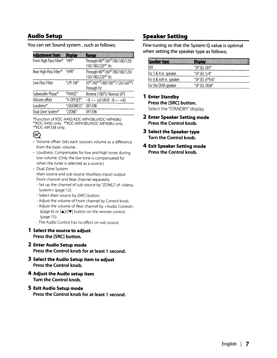 English, Audio setup, Speaker setting | Kenwood KDC-MP408U User Manual | Page 7 / 32