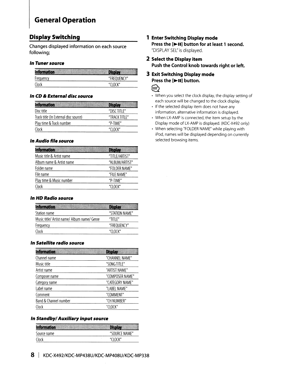 1 enter switching display mode, 2 select the display item, General operation | Display switching | Kenwood KDC-MP408U User Manual | Page 8 / 32