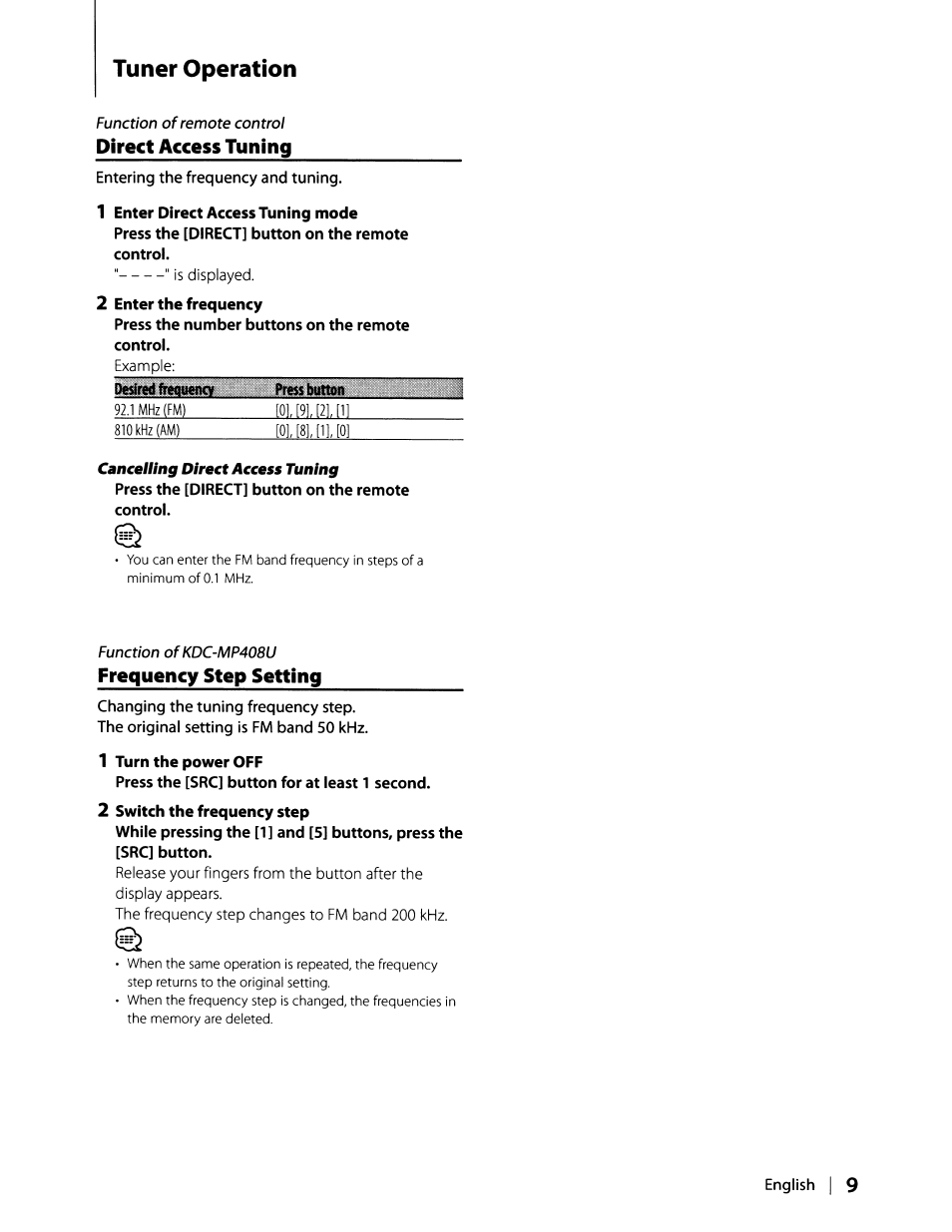 Direct access tuning, 2 enter the frequency, Frequency step setting | 1 turn the power off, 2 switch the frequency step, Tuner operation, English i | Kenwood KDC-MP408U User Manual | Page 9 / 32