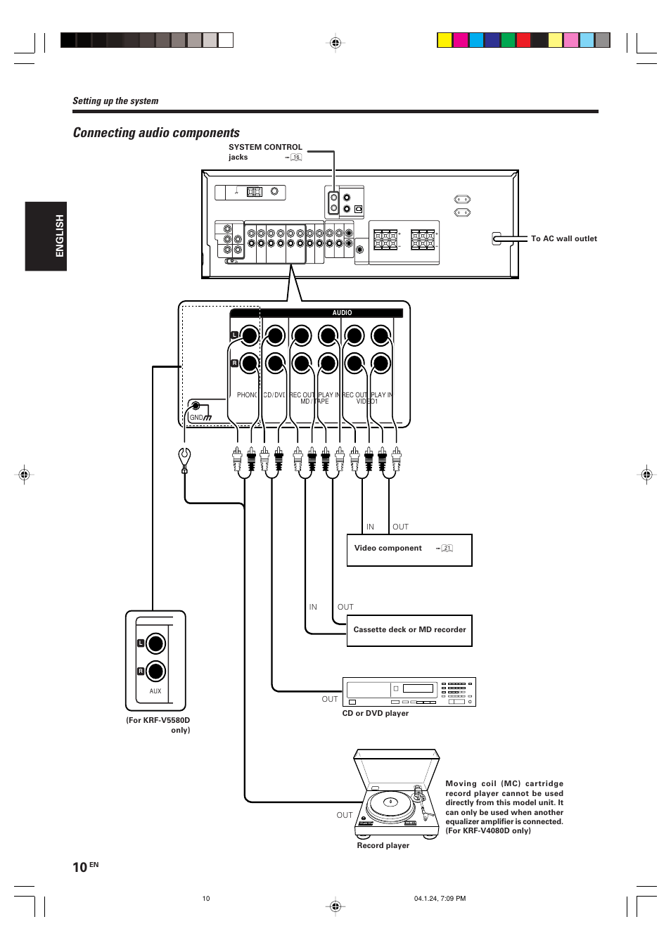 Connecting audio components, Setting up the system | Kenwood KRF-V4080D User Manual | Page 10 / 36