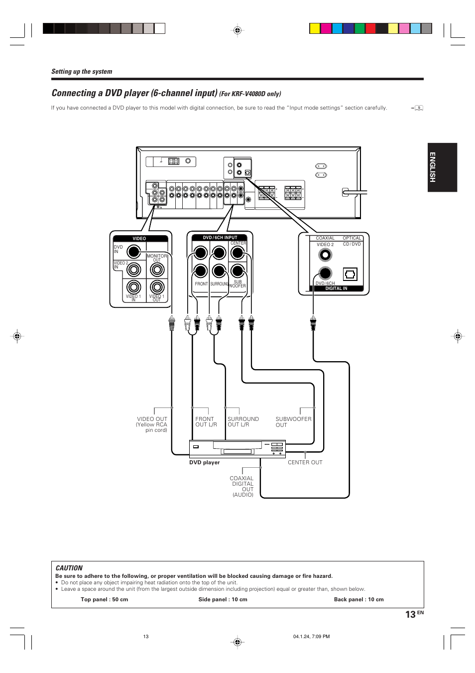 Connecting a dvd player (6-channel input), Setting up the system, For krf-v4080d only) caution | Kenwood KRF-V4080D User Manual | Page 13 / 36