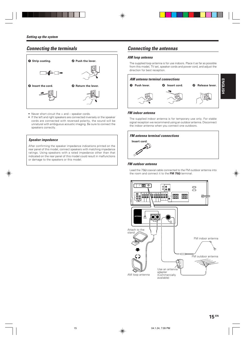 Connecting the terminals, Connecting the antennas, Setting up the system | Speaker impedance, Am loop antenna, Fm indoor antenna, Fm outdoor antenna, Am antenna terminal connections, Fm antenna terminal connections | Kenwood KRF-V4080D User Manual | Page 15 / 36