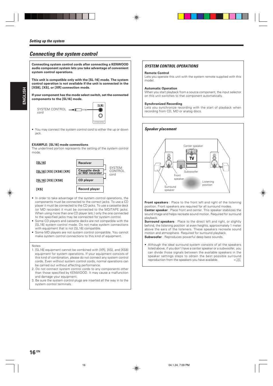 Connecting the system control | Kenwood KRF-V4080D User Manual | Page 16 / 36