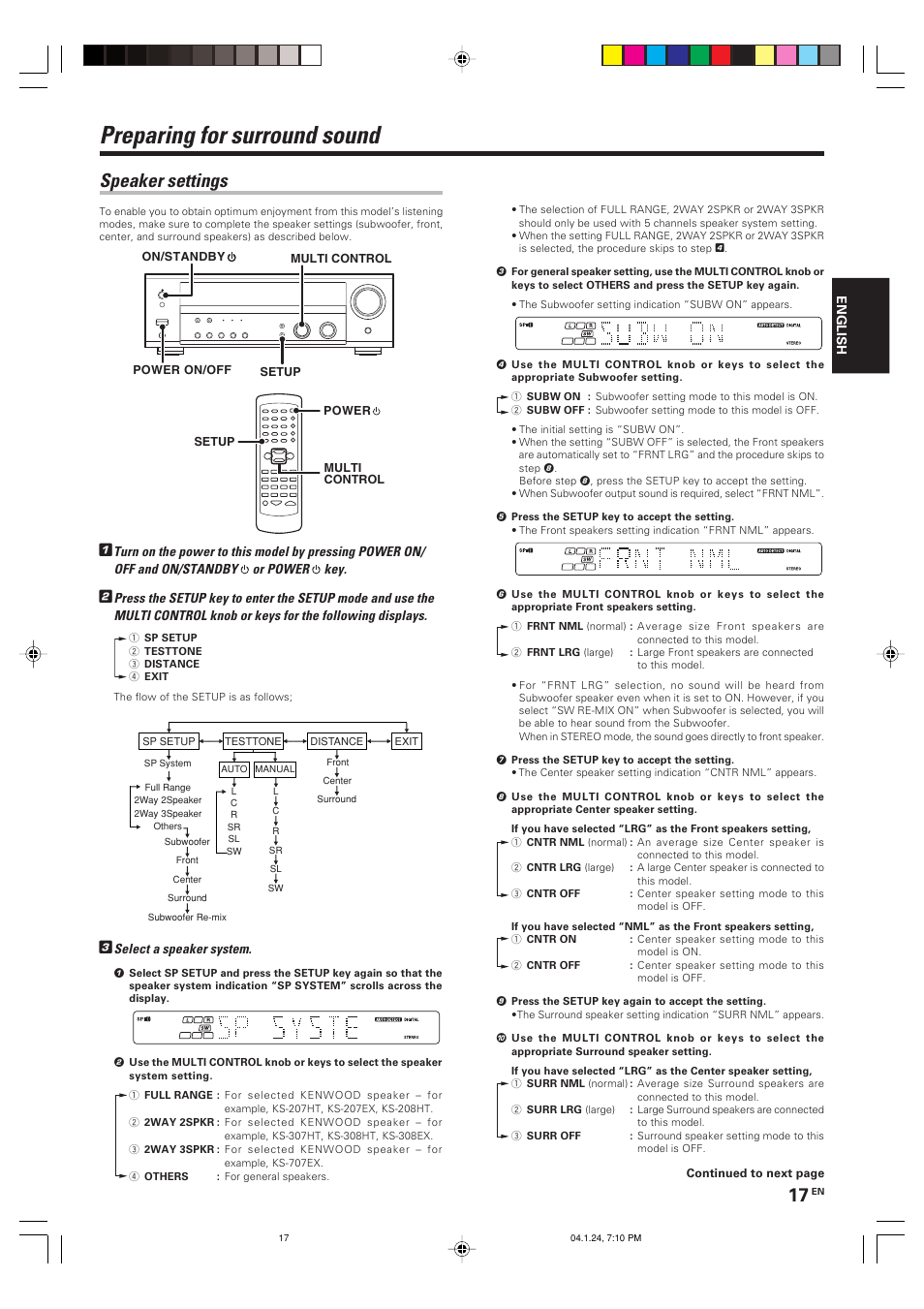 Preparing for surround sound, Speaker settings | Kenwood KRF-V4080D User Manual | Page 17 / 36