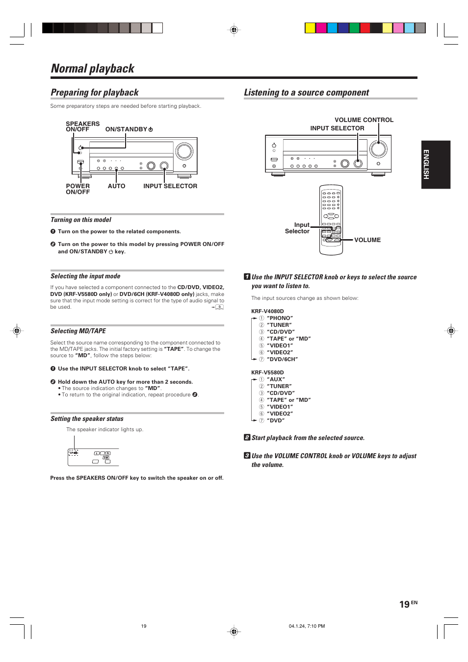 Normal playback, Listening to a source component, Preparing for playback | Kenwood KRF-V4080D User Manual | Page 19 / 36