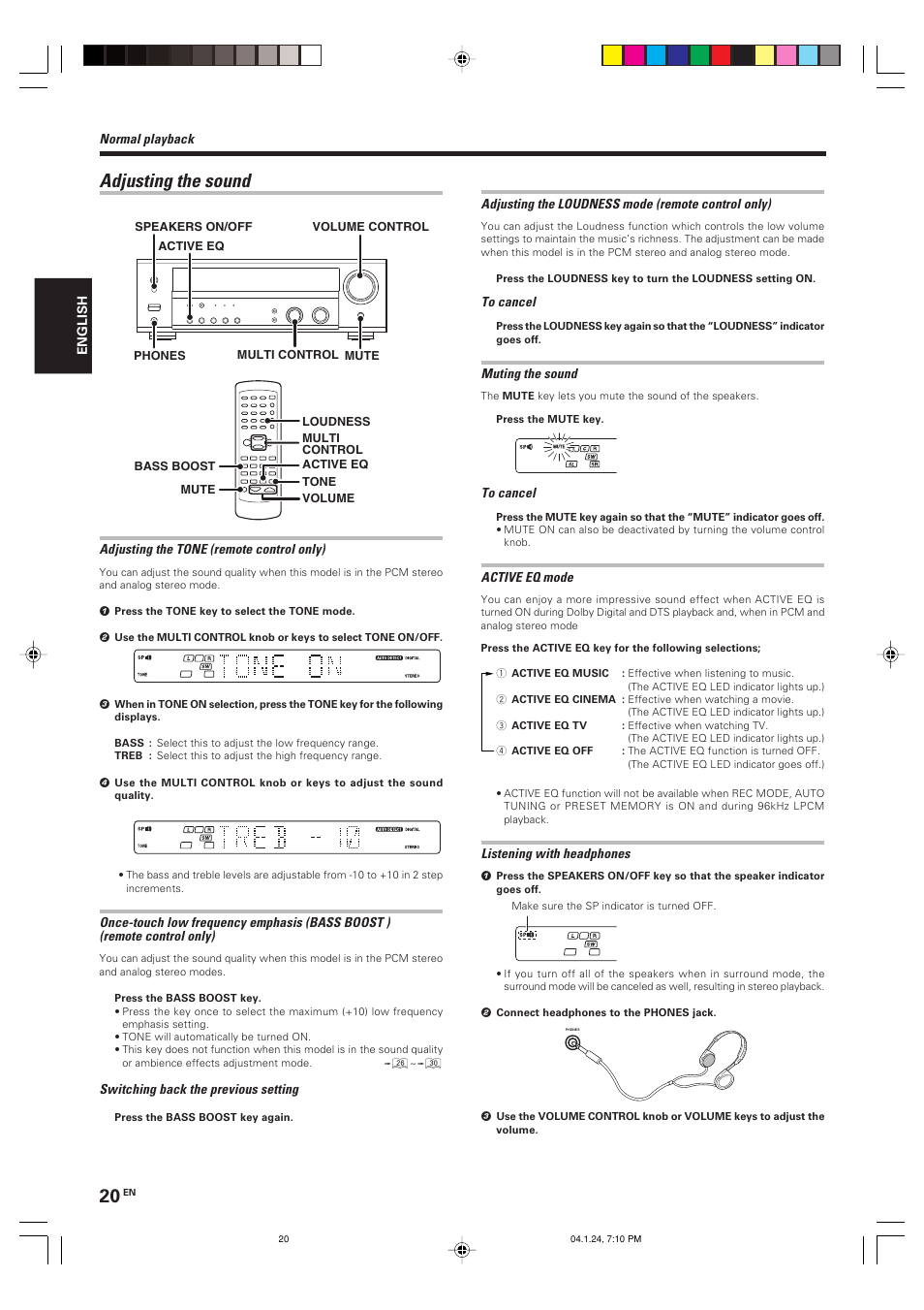 Adjusting the sound | Kenwood KRF-V4080D User Manual | Page 20 / 36