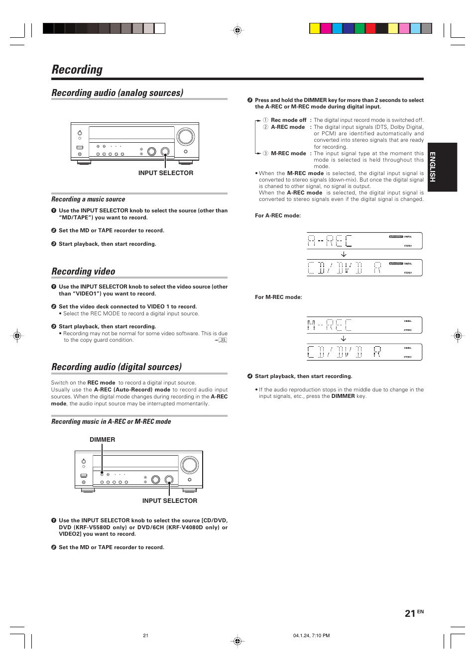 Recording, Recording audio (analog sources), Recording video | Recording audio (digital sources) | Kenwood KRF-V4080D User Manual | Page 21 / 36