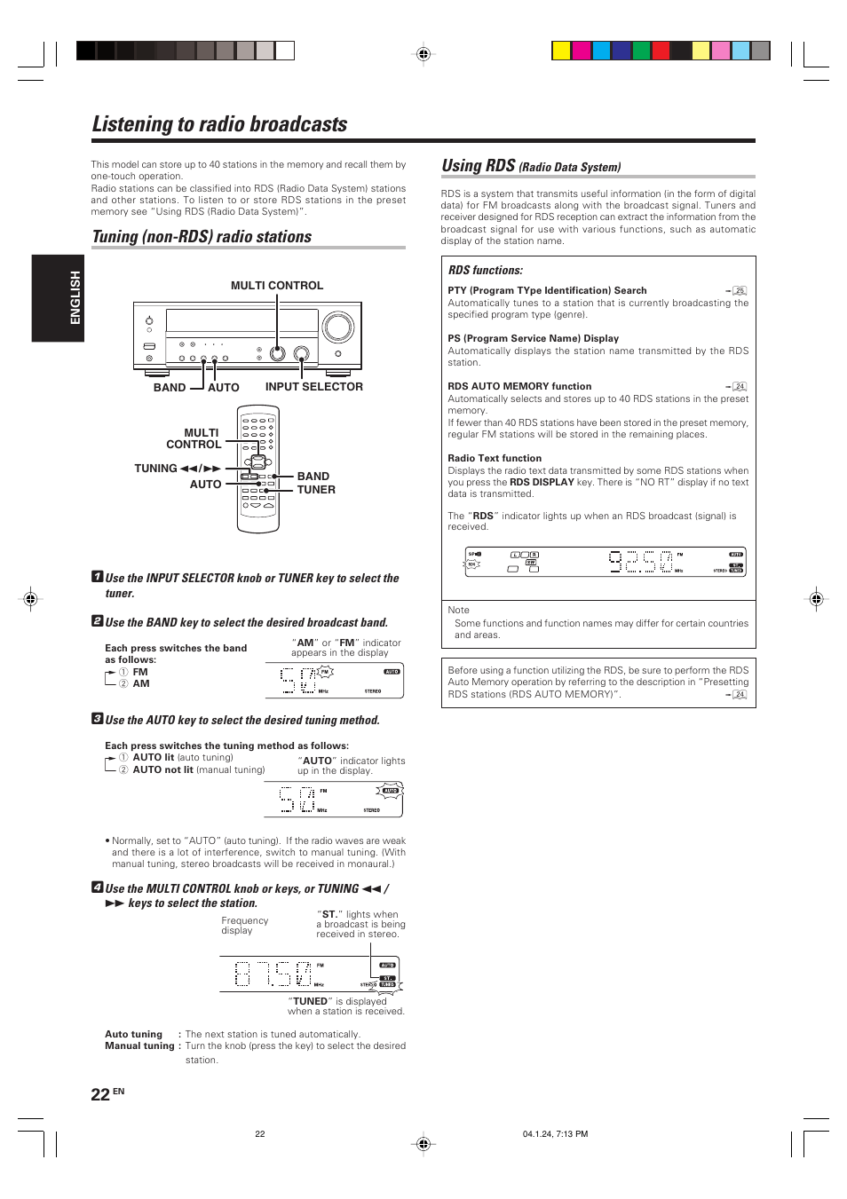 Listening to radio broadcasts, Using rds, Tuning (non-rds) radio stations | Kenwood KRF-V4080D User Manual | Page 22 / 36