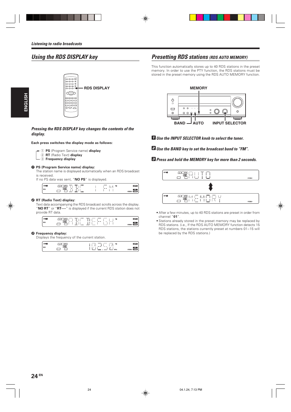 Using the rds display key, Presetting rds stations | Kenwood KRF-V4080D User Manual | Page 24 / 36