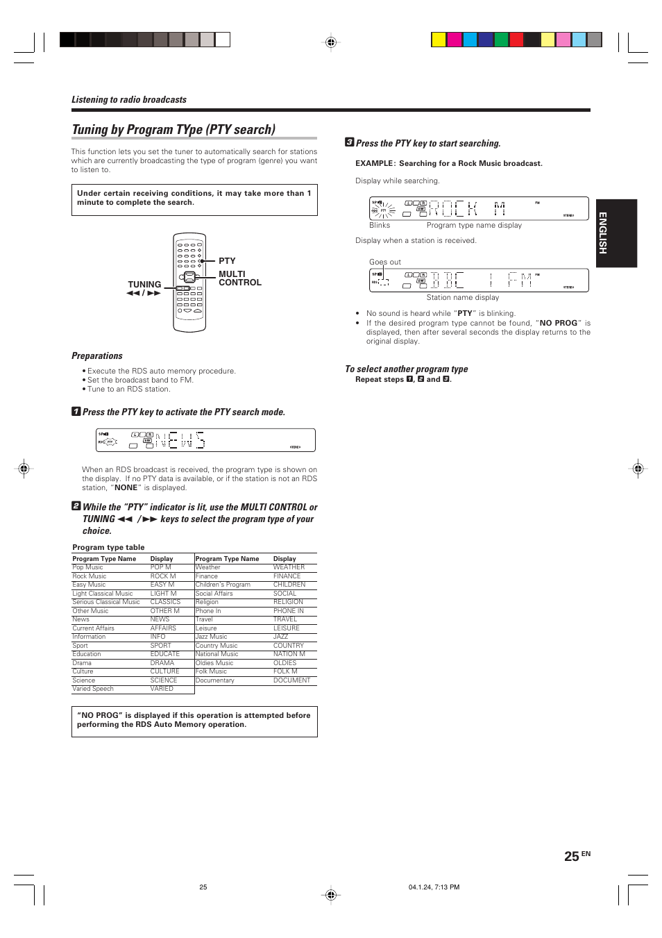 Tuning by program type (pty search), Press the pty key to start searching, Listening to radio broadcasts | Preparations, Press the pty key to activate the pty search mode, Keys to select the program type of your choice | Kenwood KRF-V4080D User Manual | Page 25 / 36