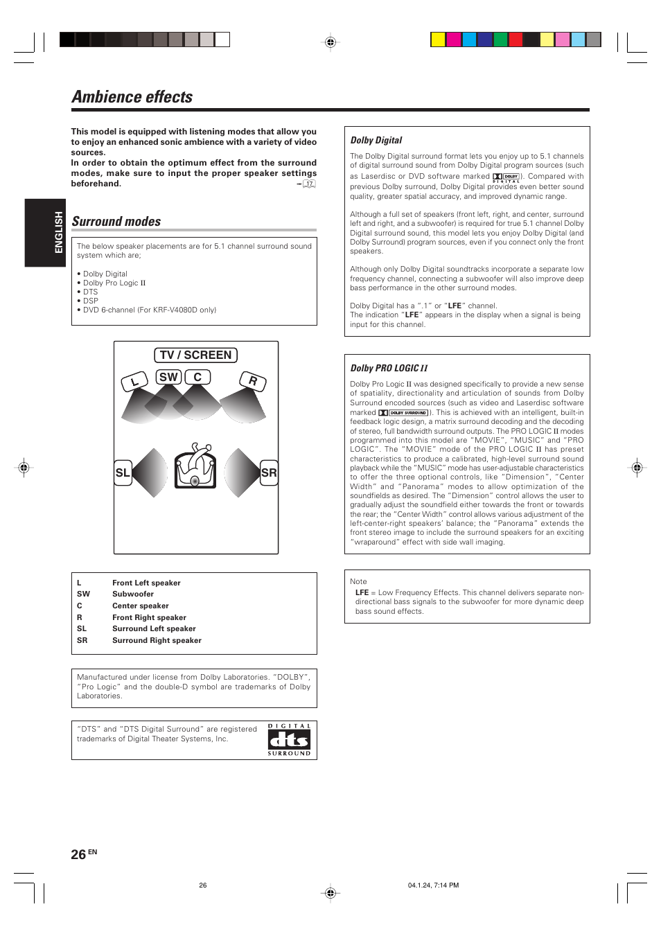 Ambience effects, Surround modes | Kenwood KRF-V4080D User Manual | Page 26 / 36