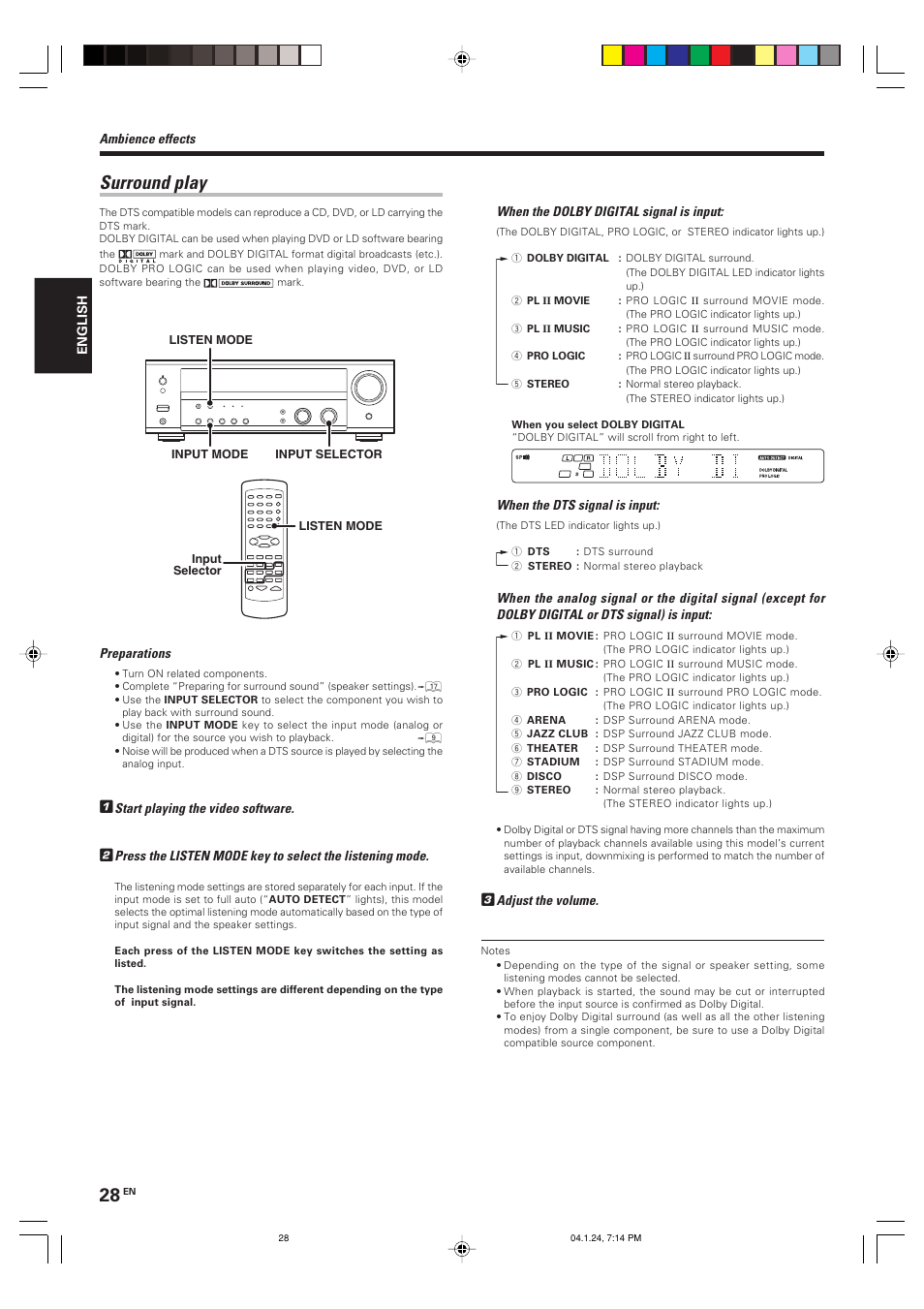 Surround play | Kenwood KRF-V4080D User Manual | Page 28 / 36