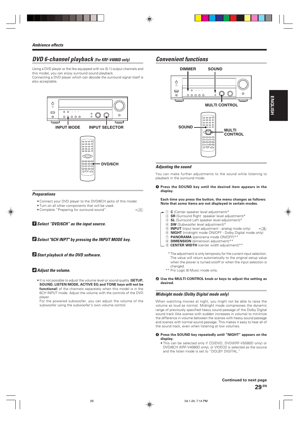 Dvd 6-channel playback, Convenient functions | Kenwood KRF-V4080D User Manual | Page 29 / 36
