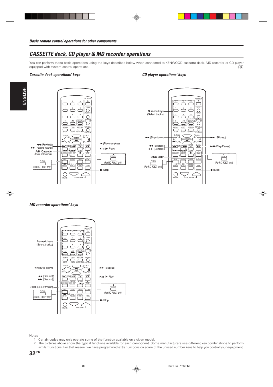 Cassette deck, cd player & md recorder operations, Md recorder operations’ keys, English | Kenwood KRF-V4080D User Manual | Page 32 / 36