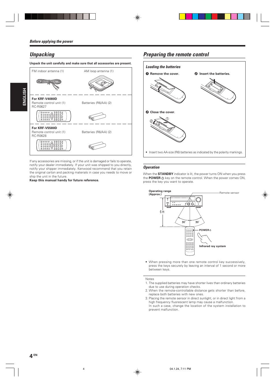 Preparing the remote control, Unpacking | Kenwood KRF-V4080D User Manual | Page 4 / 36