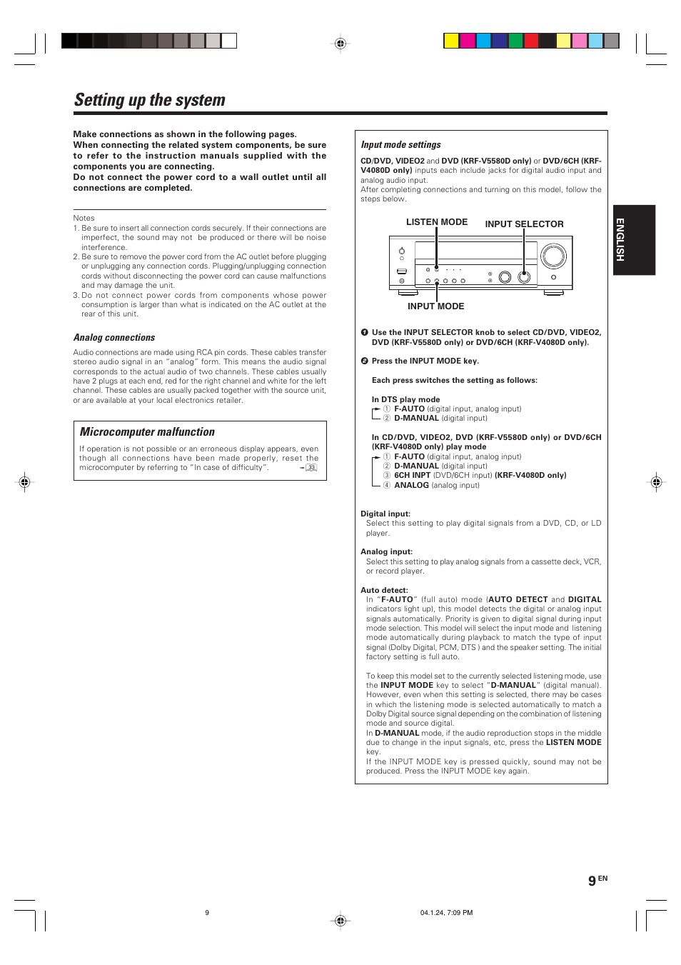 Setting up the system, Microcomputer malfunction | Kenwood KRF-V4080D User Manual | Page 9 / 36