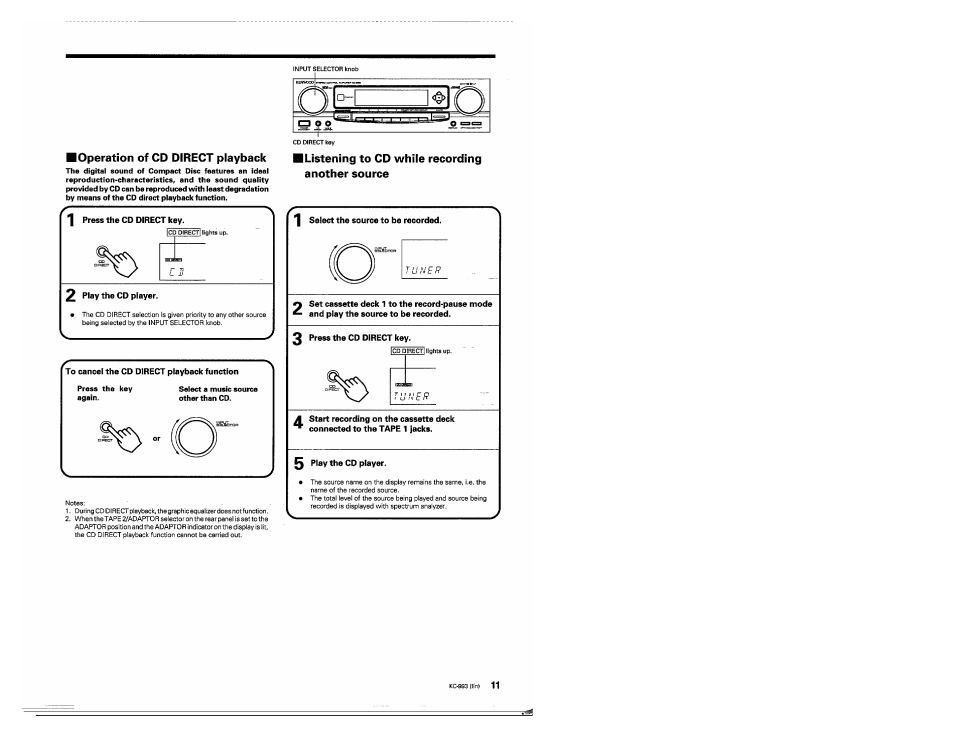 I press the cd direct key, 2 pifly the cd player, 3 press the cd direct key | 0 play the cd player | Kenwood KC-993 User Manual | Page 11 / 24