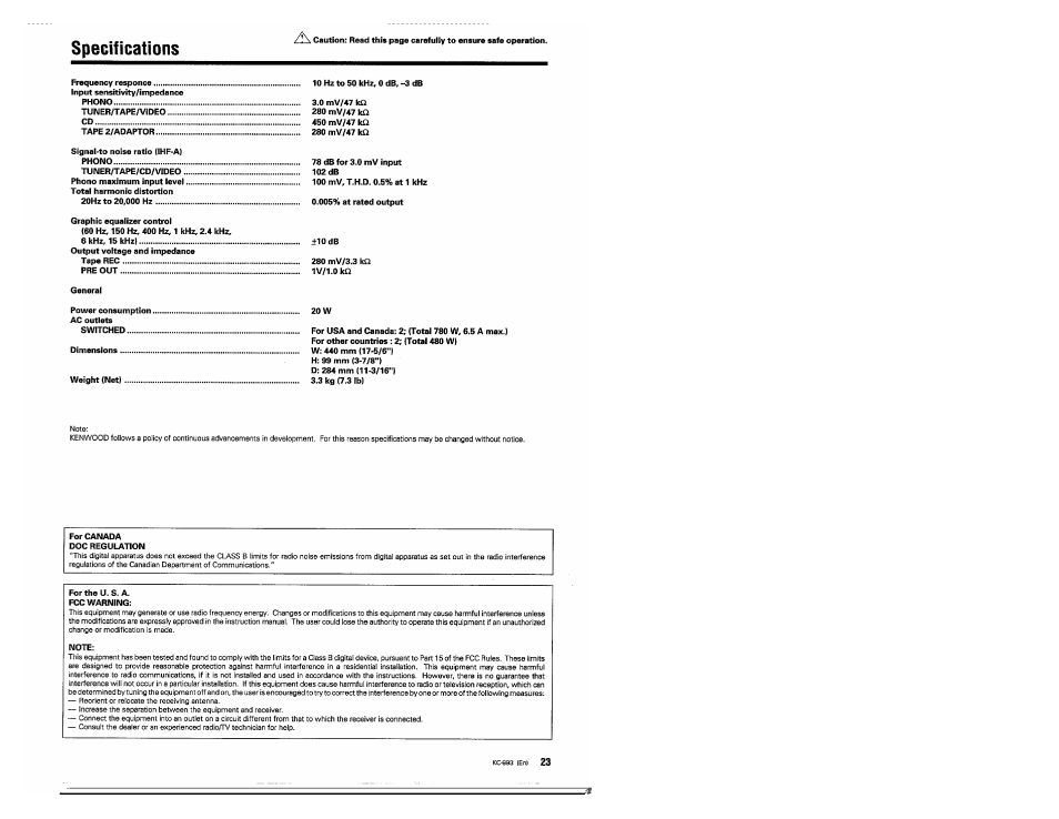 Specifications | Kenwood KC-993 User Manual | Page 23 / 24