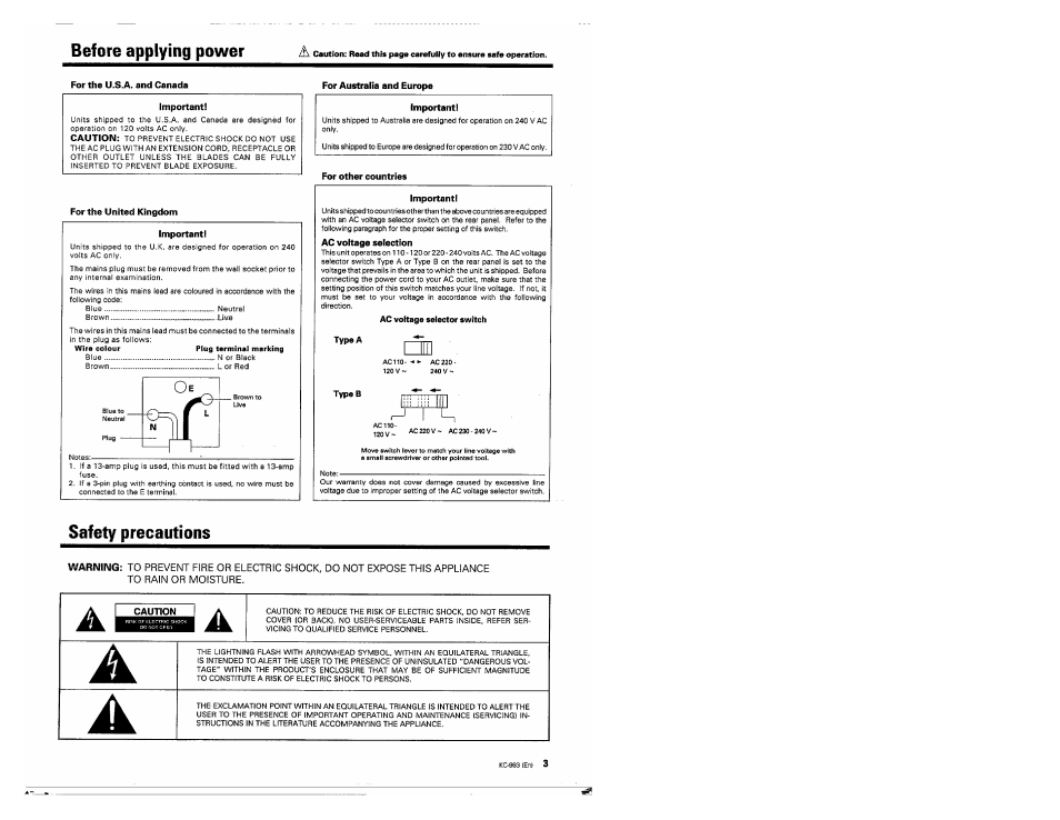 For the u.s.a. and canada, Important, For the united kingdom | Important i, For australia and europe, Importanti, For other countries, Ac voltage selection, Safety precautions, Before applying power | Kenwood KC-993 User Manual | Page 3 / 24