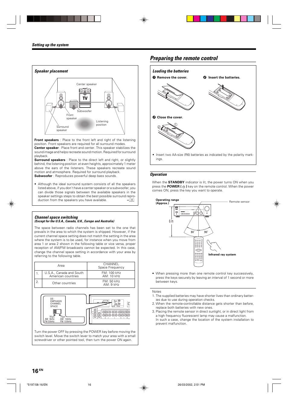 Preparing the remote control, Speaker placement, Operation | Setting up the system, Channel space switching, Loading the batteries | Kenwood KRF-V5060D User Manual | Page 16 / 36