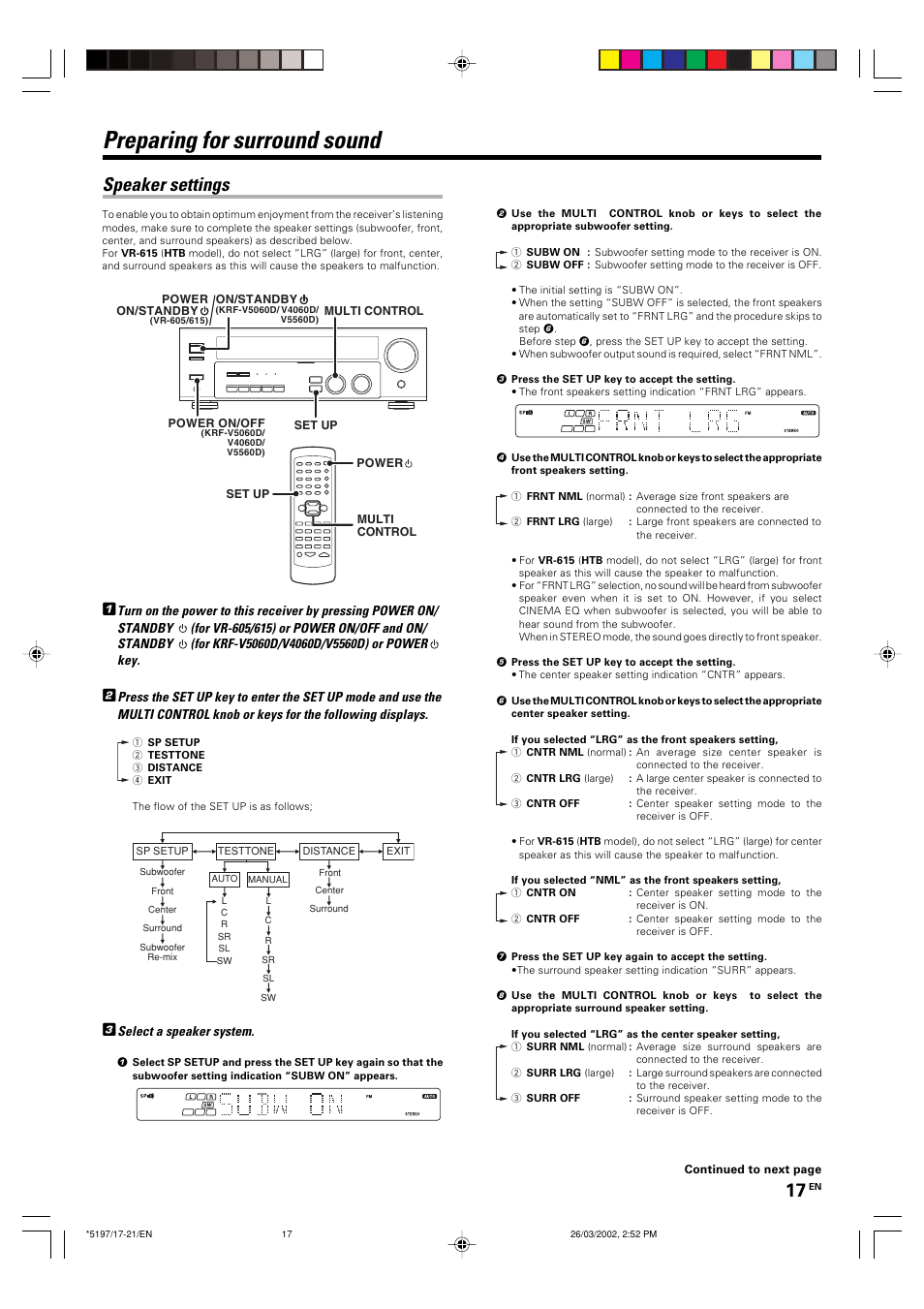 Preparing for surround sound, Speaker settings | Kenwood KRF-V5060D User Manual | Page 17 / 36