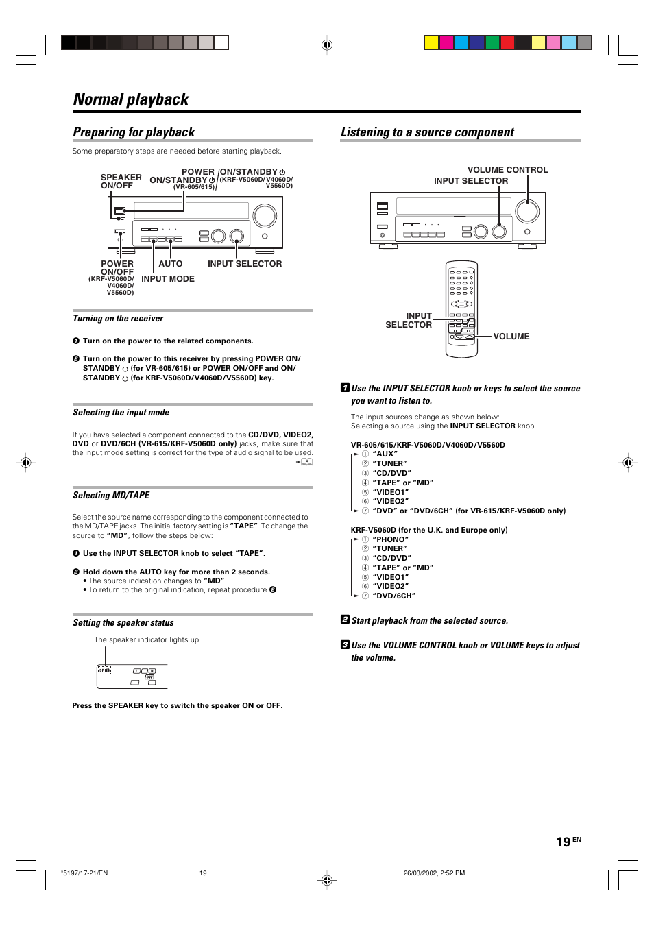 Operations, Normal playback, Remote control | Listening to a source component, Preparing for playback | Kenwood KRF-V5060D User Manual | Page 19 / 36