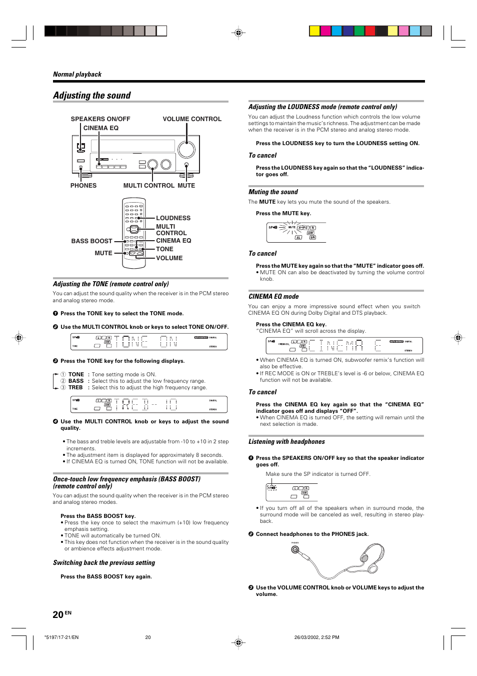 Adjusting the sound | Kenwood KRF-V5060D User Manual | Page 20 / 36