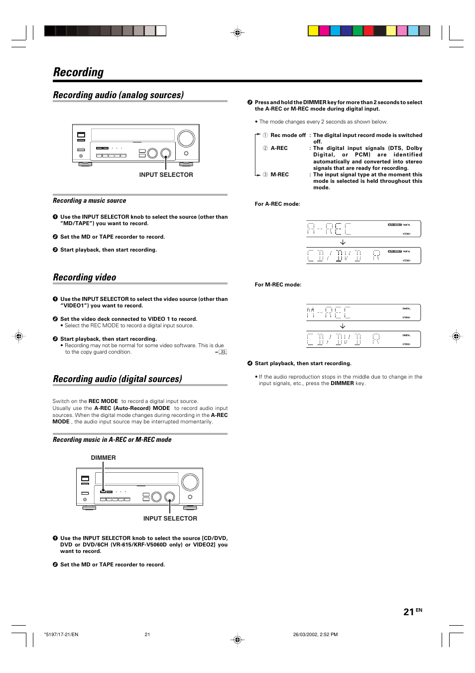 Recording, Recording audio (analog sources), Recording video | Recording audio (digital sources) | Kenwood KRF-V5060D User Manual | Page 21 / 36