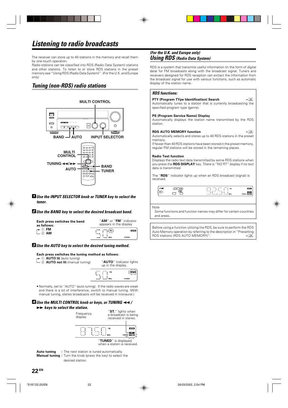 Listening to radio broadcasts, Using rds, Tuning (non-rds) radio stations | Kenwood KRF-V5060D User Manual | Page 22 / 36