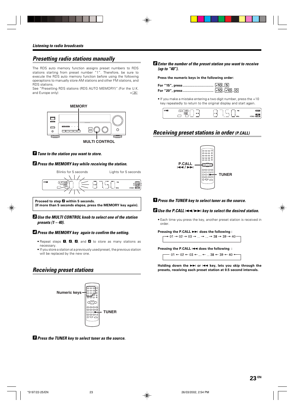 Presetting radio stations manually, Receiving preset stations, Receiving preset stations in order | Kenwood KRF-V5060D User Manual | Page 23 / 36