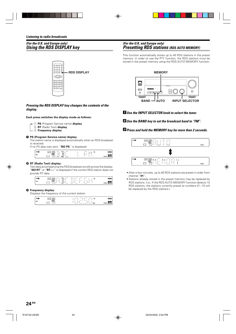 Using the rds display key, Presetting rds stations | Kenwood KRF-V5060D User Manual | Page 24 / 36