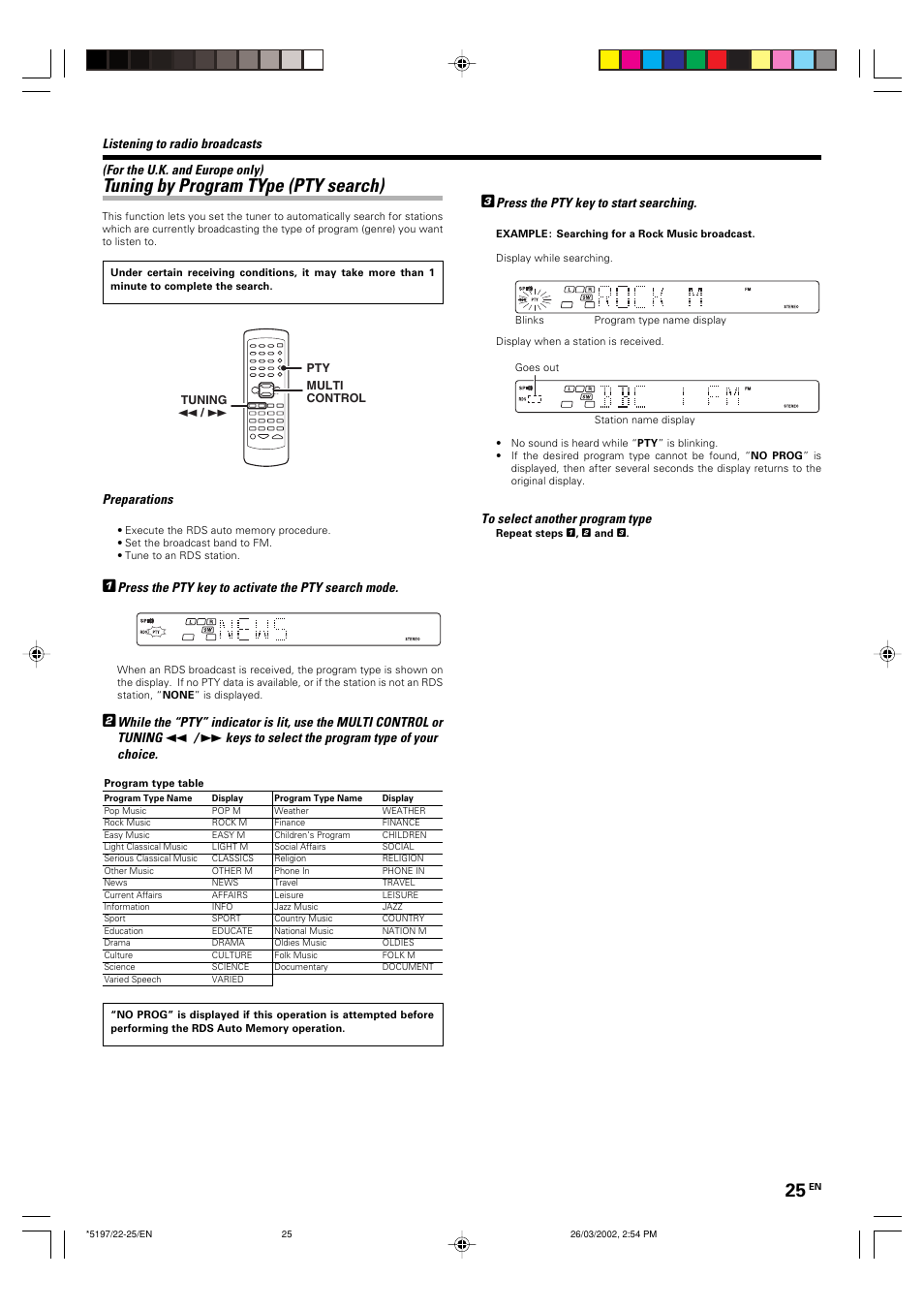 Tuning by program type (pty search), Press the pty key to start searching, Listening to radio broadcasts | For the u.k. and europe only), Preparations, Press the pty key to activate the pty search mode, Keys to select the program type of your choice | Kenwood KRF-V5060D User Manual | Page 25 / 36