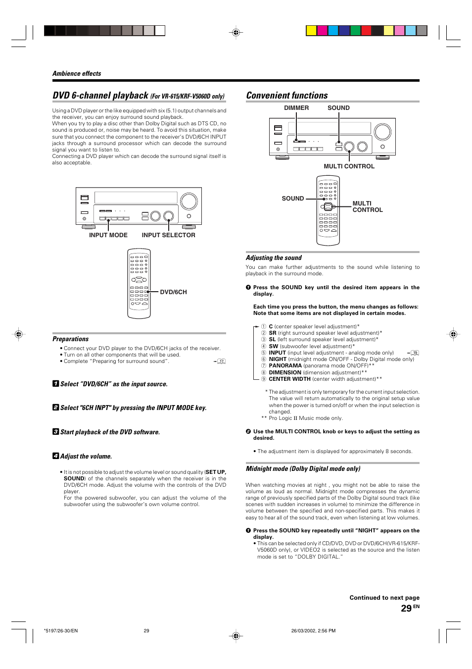 Dvd 6-channel playback, Convenient functions | Kenwood KRF-V5060D User Manual | Page 29 / 36