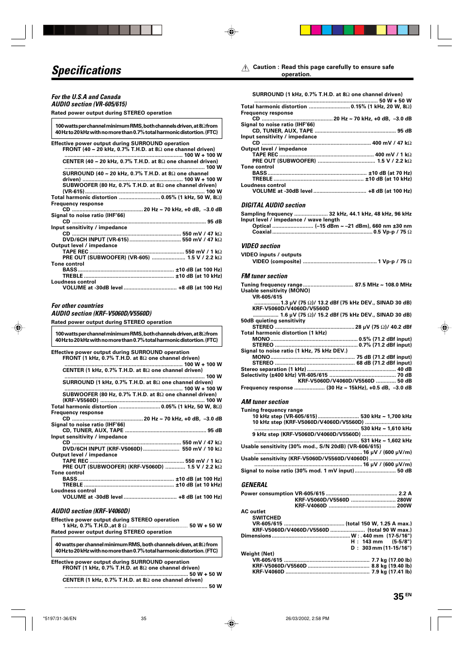 Specifications | Kenwood KRF-V5060D User Manual | Page 35 / 36
