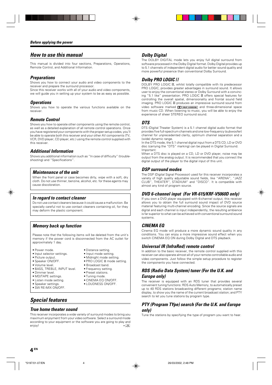 Special features, How to use this manual, True home theater sound | Preparations, Operations, Remote control, Additional information, Maintenance of the unit, Dolby digital, Dolby pro logic | Kenwood KRF-V5060D User Manual | Page 4 / 36