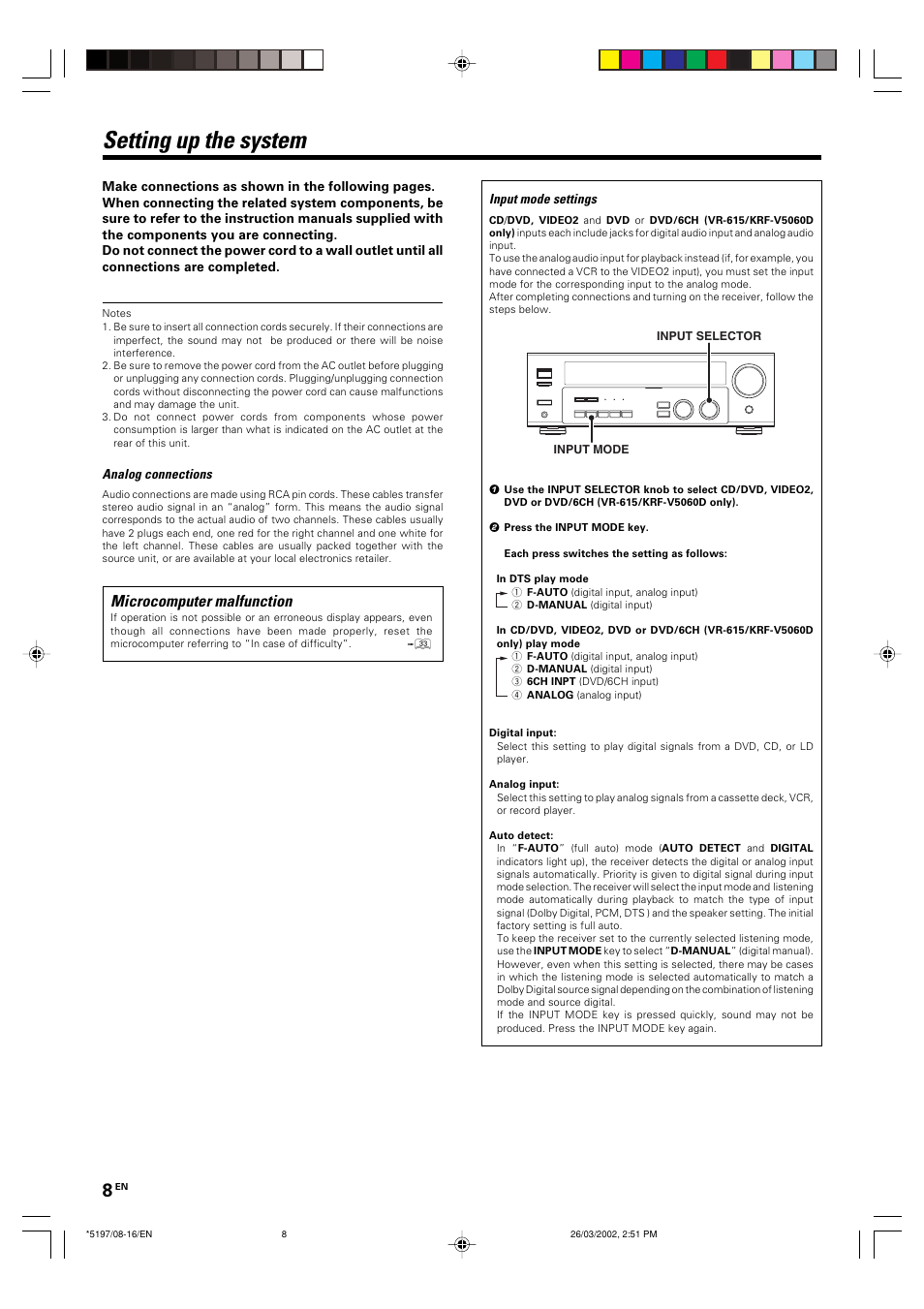 Setting up the system, Microcomputer malfunction | Kenwood KRF-V5060D User Manual | Page 8 / 36