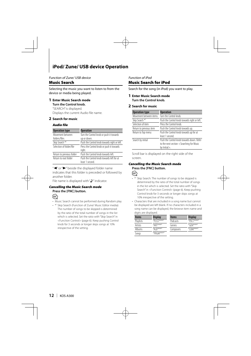 Ipod/ zune/ usb device operation, Music search, Music search for ipod | Kenwood KOS-A300 User Manual | Page 12 / 44